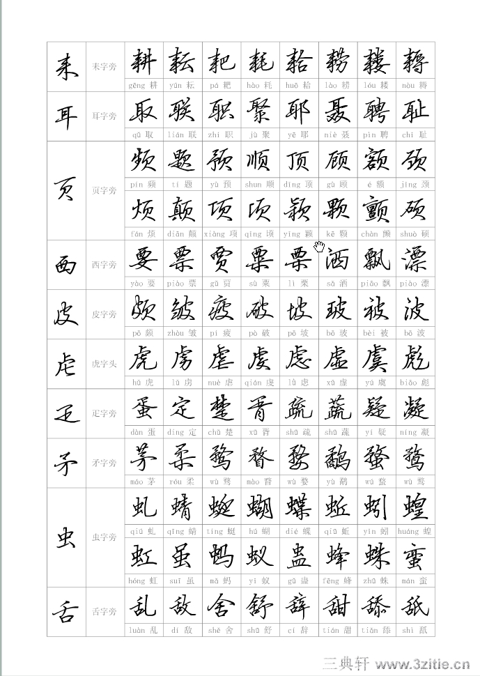 钢笔偏旁部首行书写法字帖